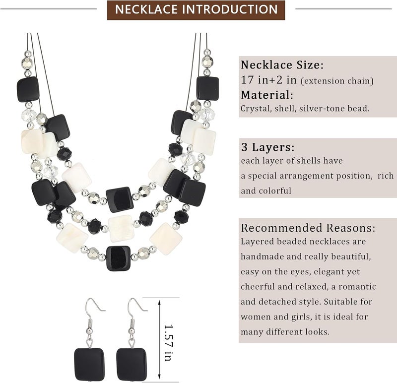 Errally Store Layered Beaded Statement Necklaces for Women Square Shell Bead Collar Necklace and Earring Set Birthday Gifts Boho Jewelry Sets for Women - Image 5